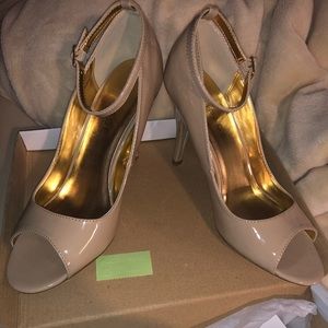 Nude Patent Leather Peep Toe Pumps